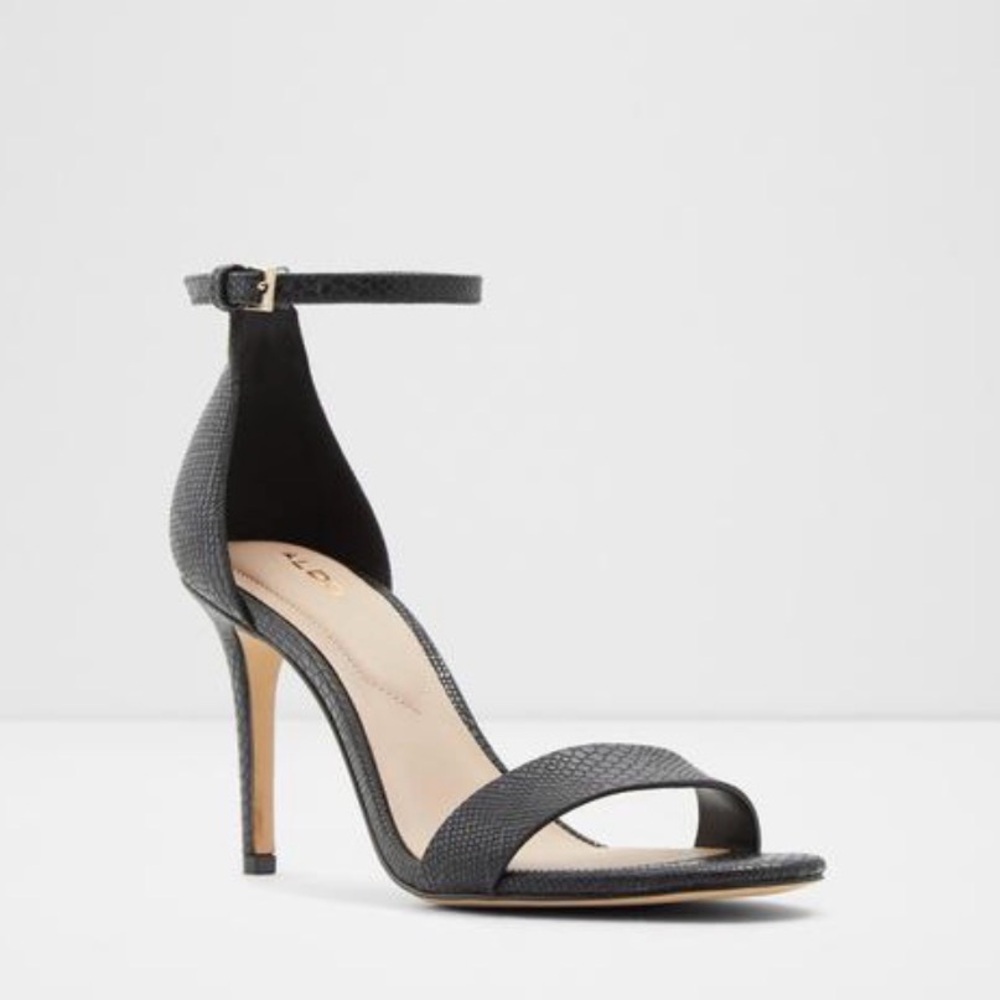 Aldo Black Snakeskin Ankle Strap Heels Stiletto Sandals Size 9